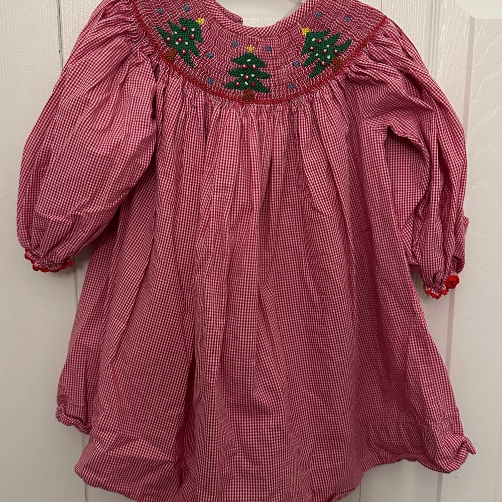 Red Gingham Smocked Dress with Christmas Trees